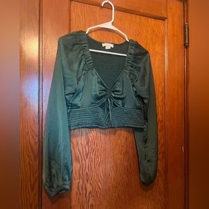 American Eagle Women's Medium Green Long Sleeve Rouched Blouse With Cutout